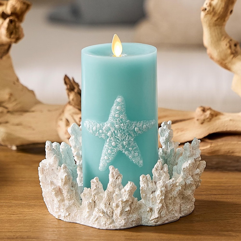 Luminara 3x6.5 Embossed Starfish Flameless LED Moving Flame Candle Blue Wax